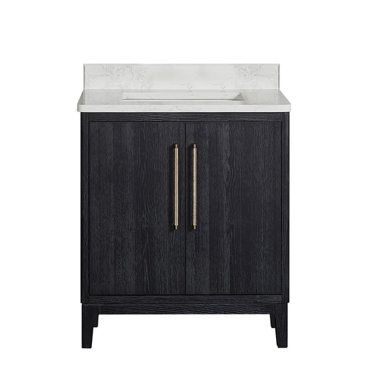 Vinnova, Gara 30" Free-standing Single Bath Vanity in Fir Wood Black with White Grain Composite Stone Top