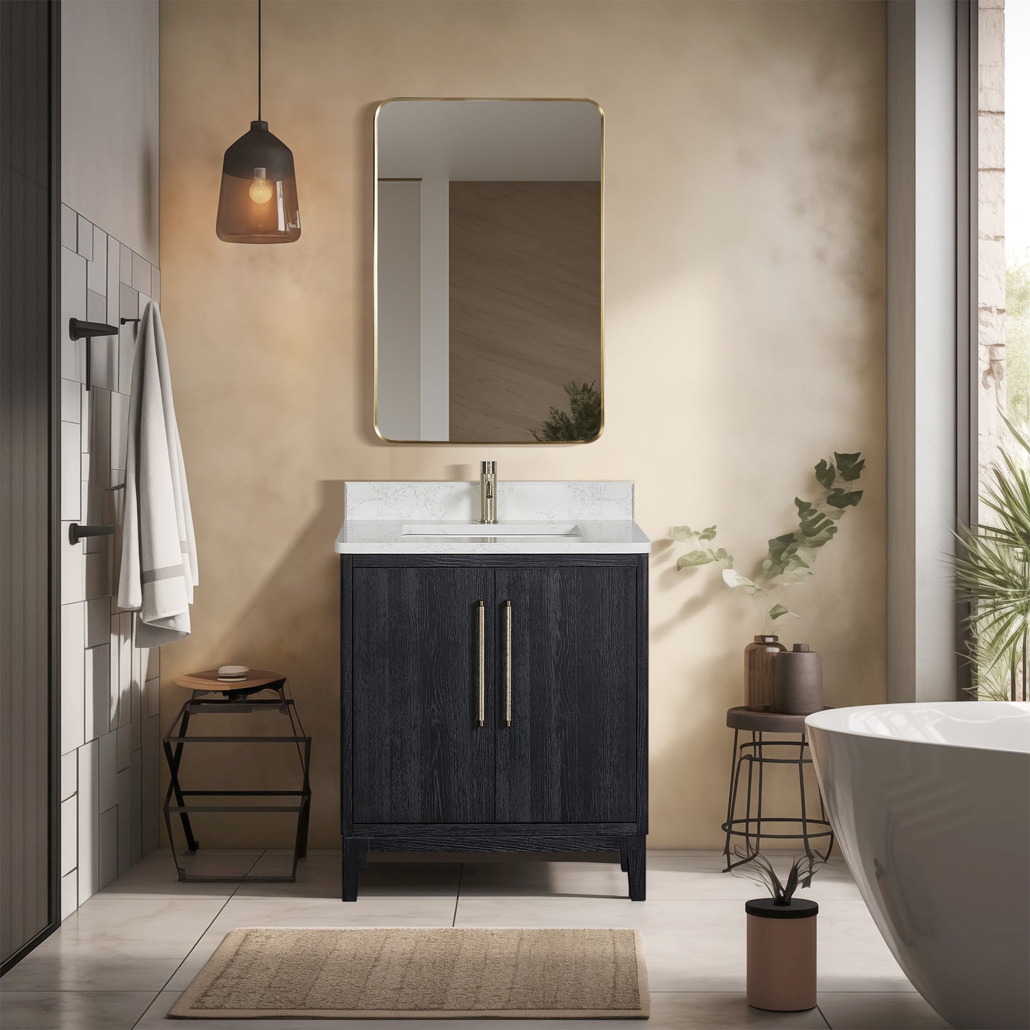 Vinnova, Gara 30" Free-standing Single Bath Vanity in Fir Wood Black with White Grain Composite Stone Top