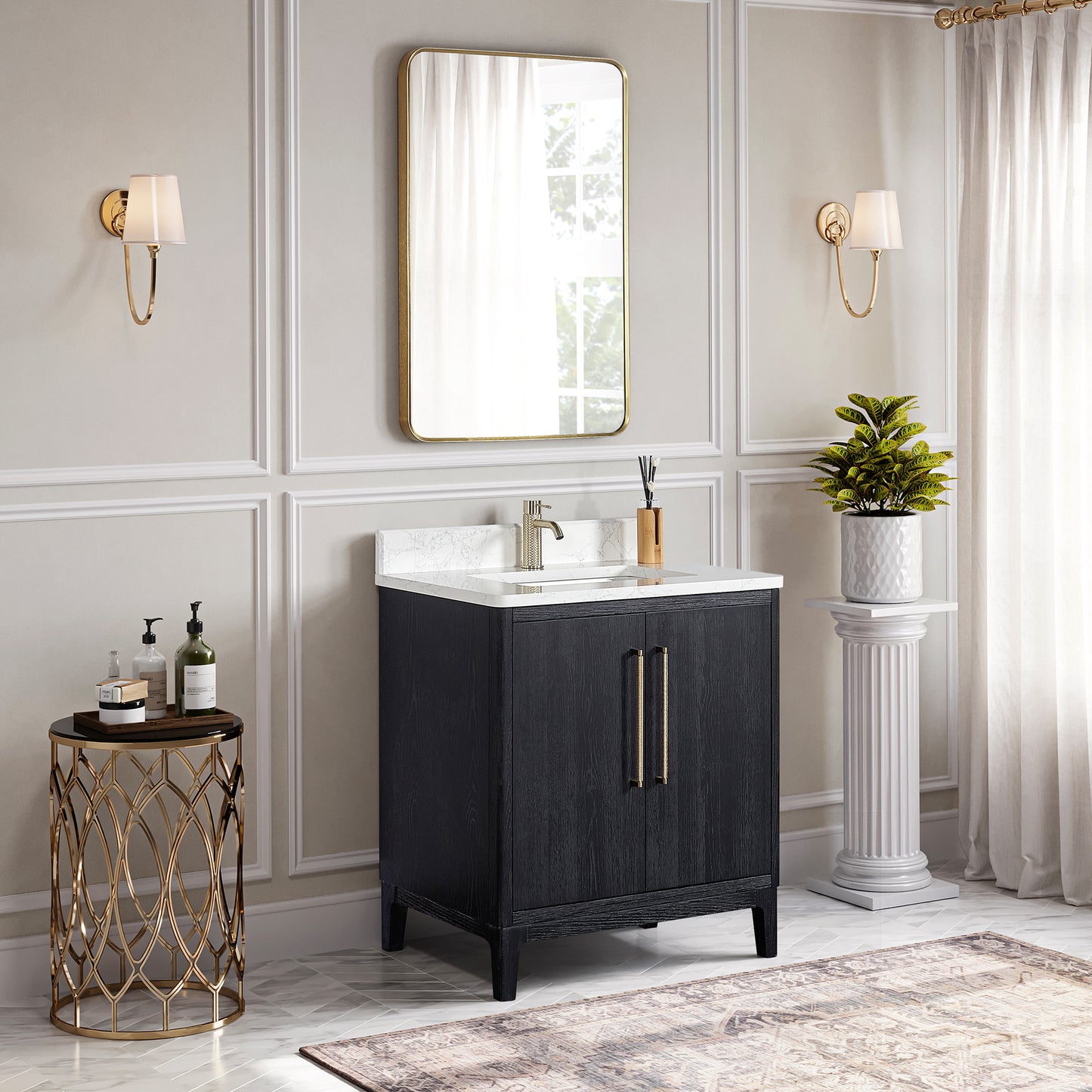 Vinnova, Gara 30" Free-standing Single Bath Vanity in Fir Wood Black with White Grain Composite Stone Top