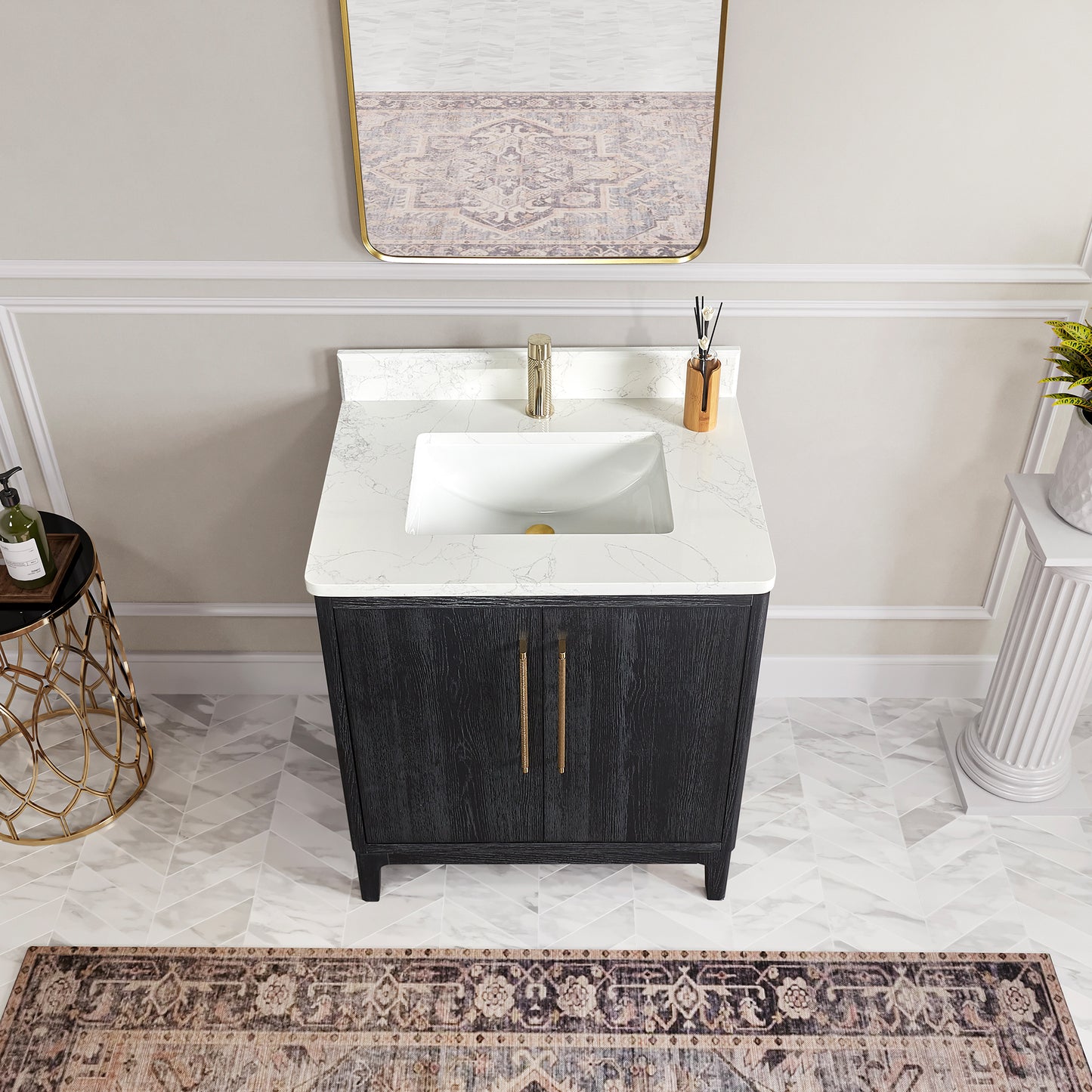 Vinnova, Gara 30" Free-standing Single Bath Vanity in Fir Wood Black with White Grain Composite Stone Top