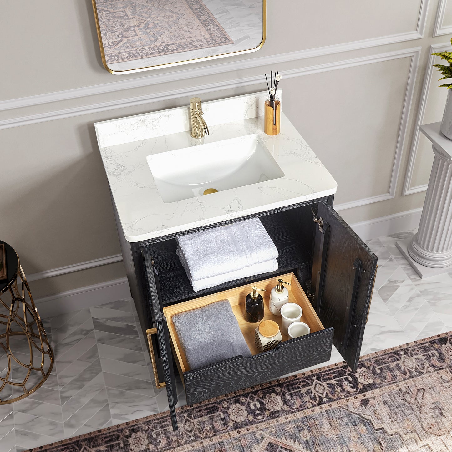 Vinnova, Gara 30" Free-standing Single Bath Vanity in Fir Wood Black with White Grain Composite Stone Top