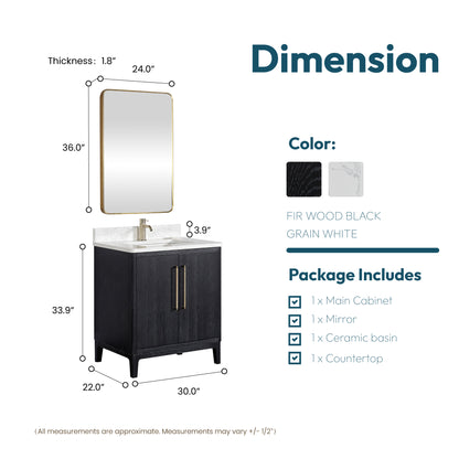 Vinnova, Gara 30" Free-standing Single Bath Vanity in Fir Wood Black with White Grain Composite Stone Top and Mirror