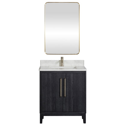Vinnova, Gara 30" Free-standing Single Bath Vanity in Fir Wood Black with White Grain Composite Stone Top and Mirror