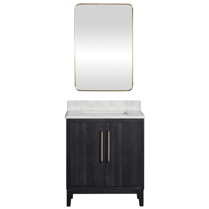 Vinnova, Gara 30" Free-standing Single Bath Vanity in Fir Wood Black with White Grain Composite Stone Top and Mirror