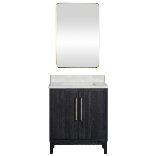 Vinnova, Gara 30" Free-standing Single Bath Vanity in Fir Wood Black with White Grain Composite Stone Top and Mirror