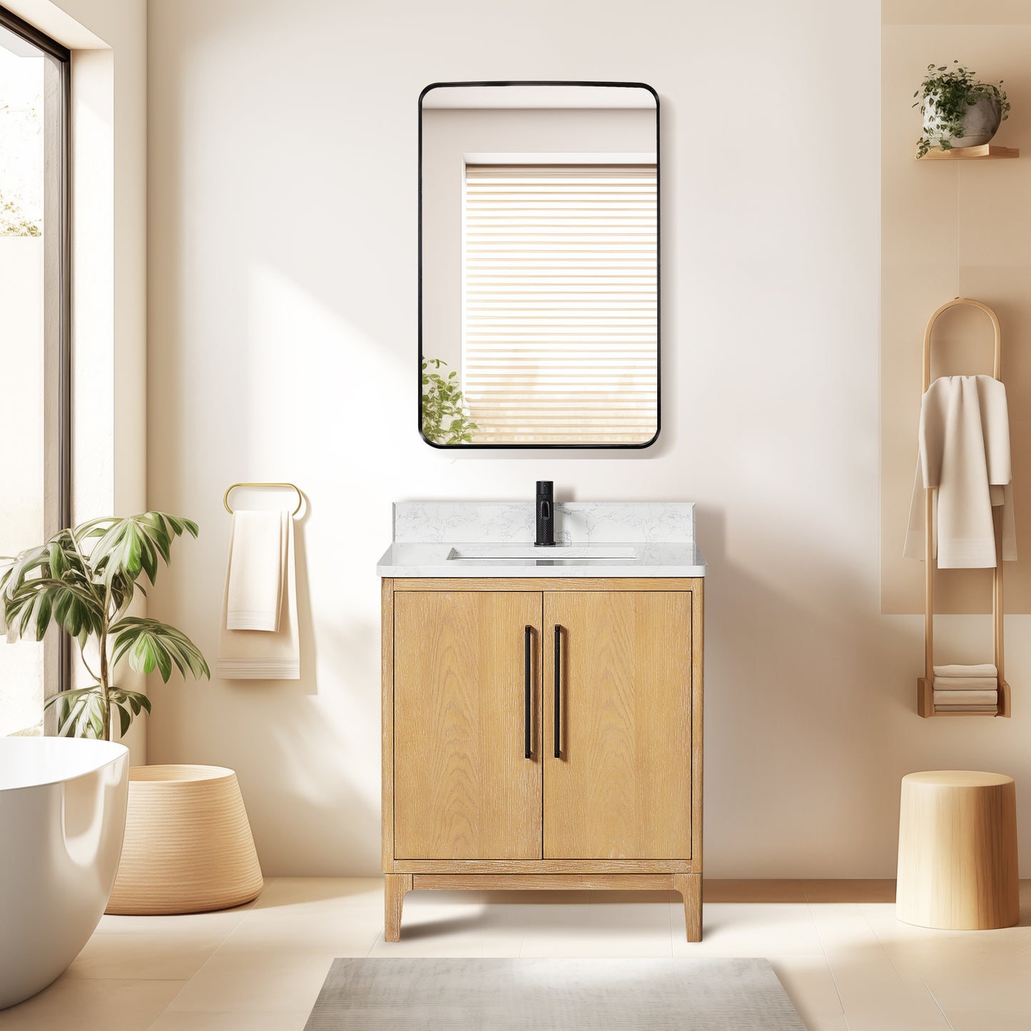 Vinnova, Gara 30" Free-standing Single Bath Vanity in Washed Ash Grey with White Grain Composite Stone Top