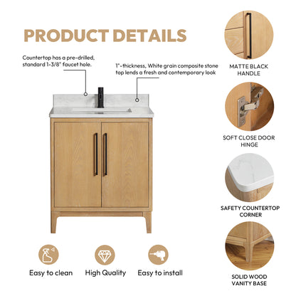 Vinnova, Gara 30" Free-standing Single Bath Vanity in Washed Ash Grey with White Grain Composite Stone Top