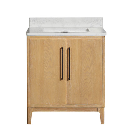 Vinnova, Gara 30" Free-standing Single Bath Vanity in Washed Ash Grey with White Grain Composite Stone Top