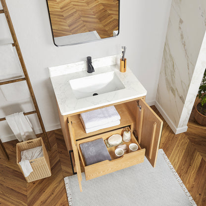 Vinnova, Gara 30" Free-standing Single Bath Vanity in Washed Ash Grey with White Grain Composite Stone Top