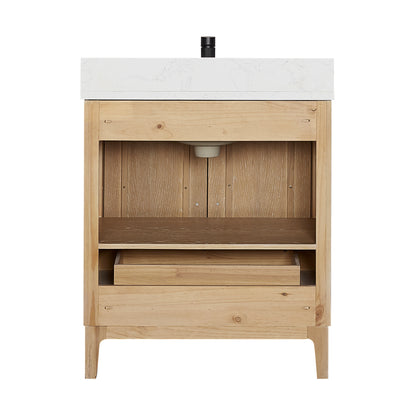 Vinnova, Gara 30" Free-standing Single Bath Vanity in Washed Ash Grey with White Grain Composite Stone Top and Mirror