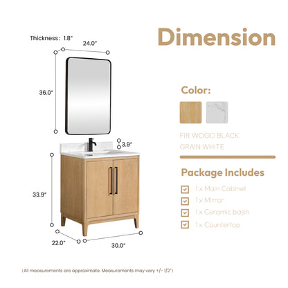 Vinnova, Gara 30" Free-standing Single Bath Vanity in Washed Ash Grey with White Grain Composite Stone Top and Mirror
