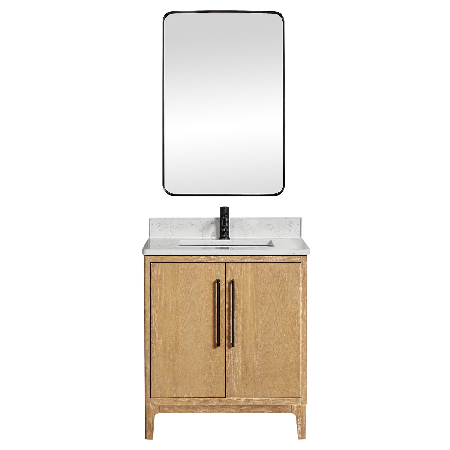 Vinnova, Gara 30" Free-standing Single Bath Vanity in Washed Ash Grey with White Grain Composite Stone Top and Mirror
