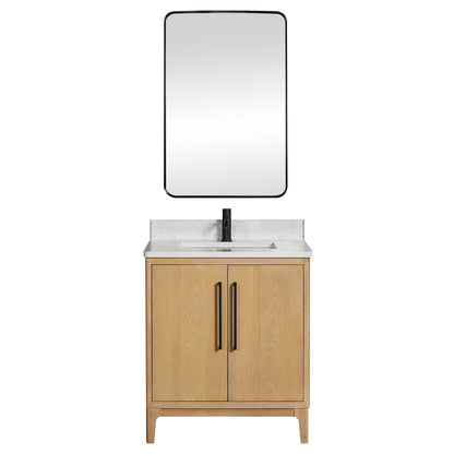 Vinnova, Gara 30" Free-standing Single Bath Vanity in Washed Ash Grey with White Grain Composite Stone Top and Mirror