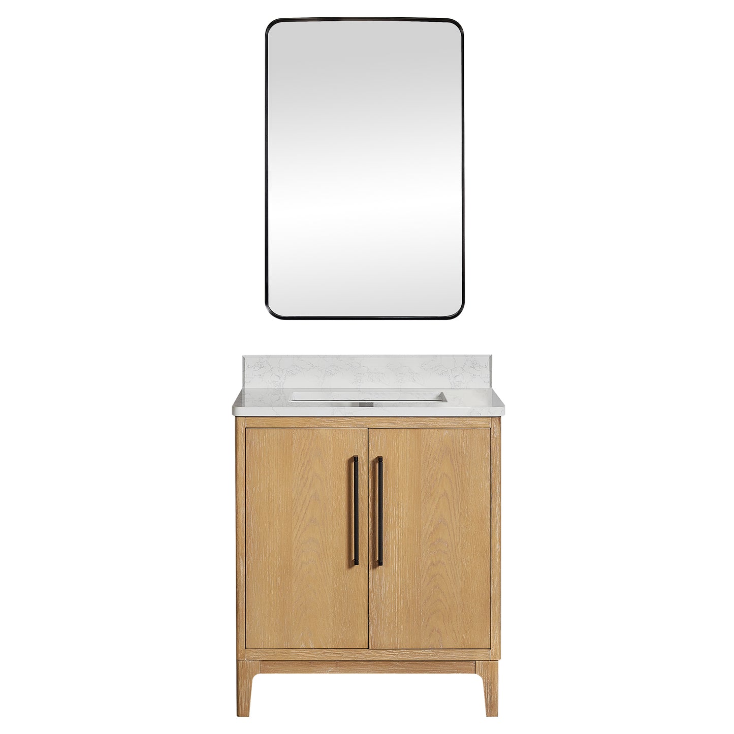 Vinnova, Gara 30" Free-standing Single Bath Vanity in Washed Ash Grey with White Grain Composite Stone Top and Mirror