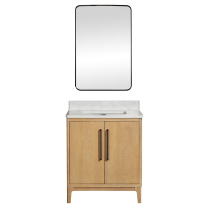 Vinnova, Gara 30" Free-standing Single Bath Vanity in Washed Ash Grey with White Grain Composite Stone Top and Mirror