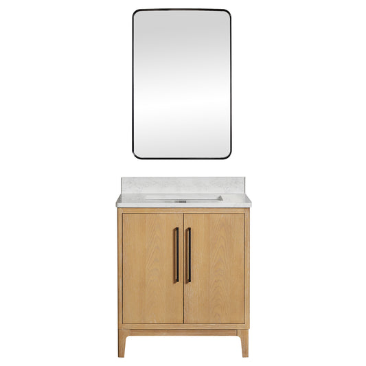 Vinnova, Gara 30" Free-standing Single Bath Vanity in Washed Ash Grey with White Grain Composite Stone Top and Mirror