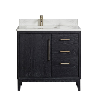 Vinnova, Gara 36" Free-standing Single Bath Vanity in Fir Wood Black with White Grain Composite Stone Top