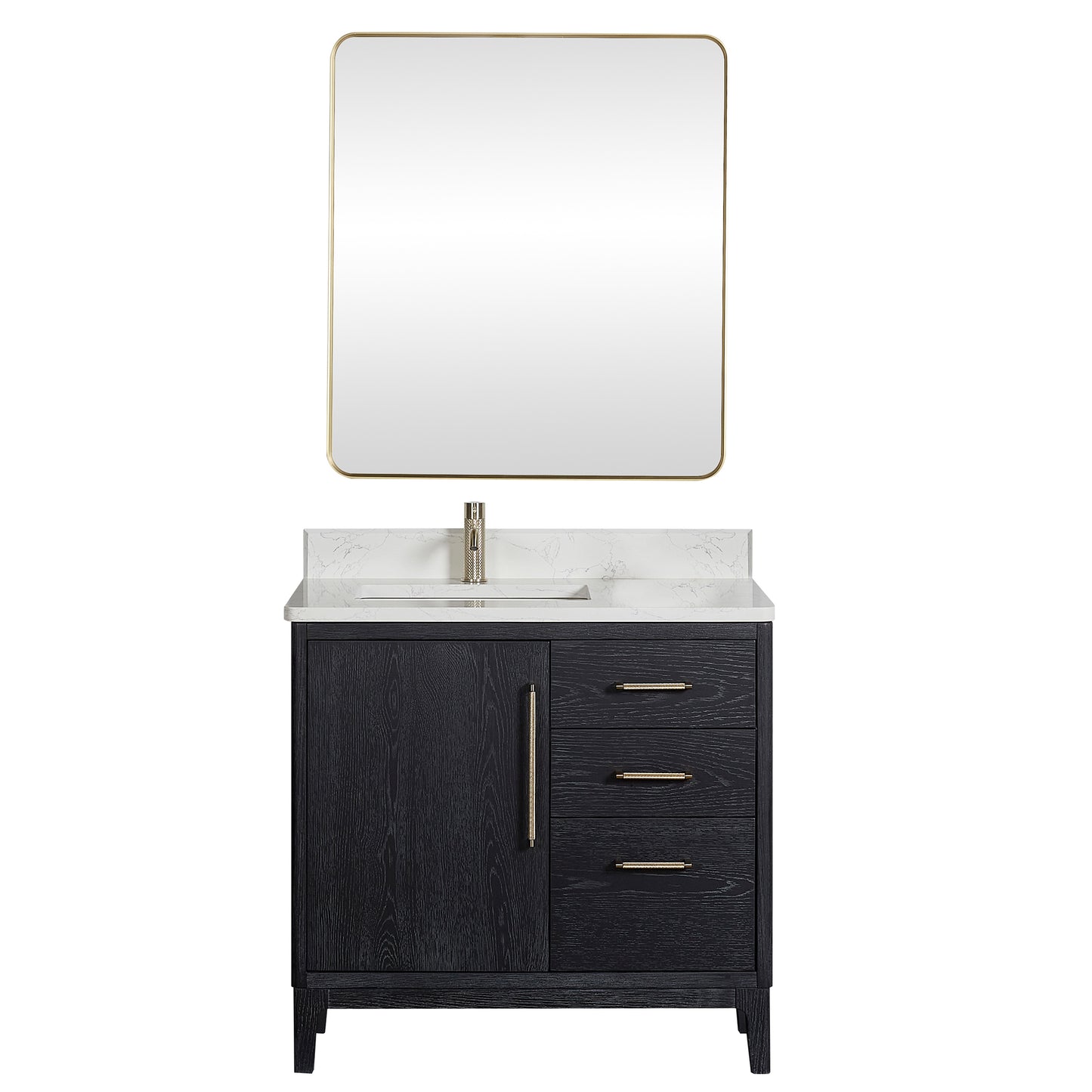 Vinnova, Gara 36" Free-standing Single Bath Vanity in Fir Wood Black with White Grain Composite Stone Top and Mirror