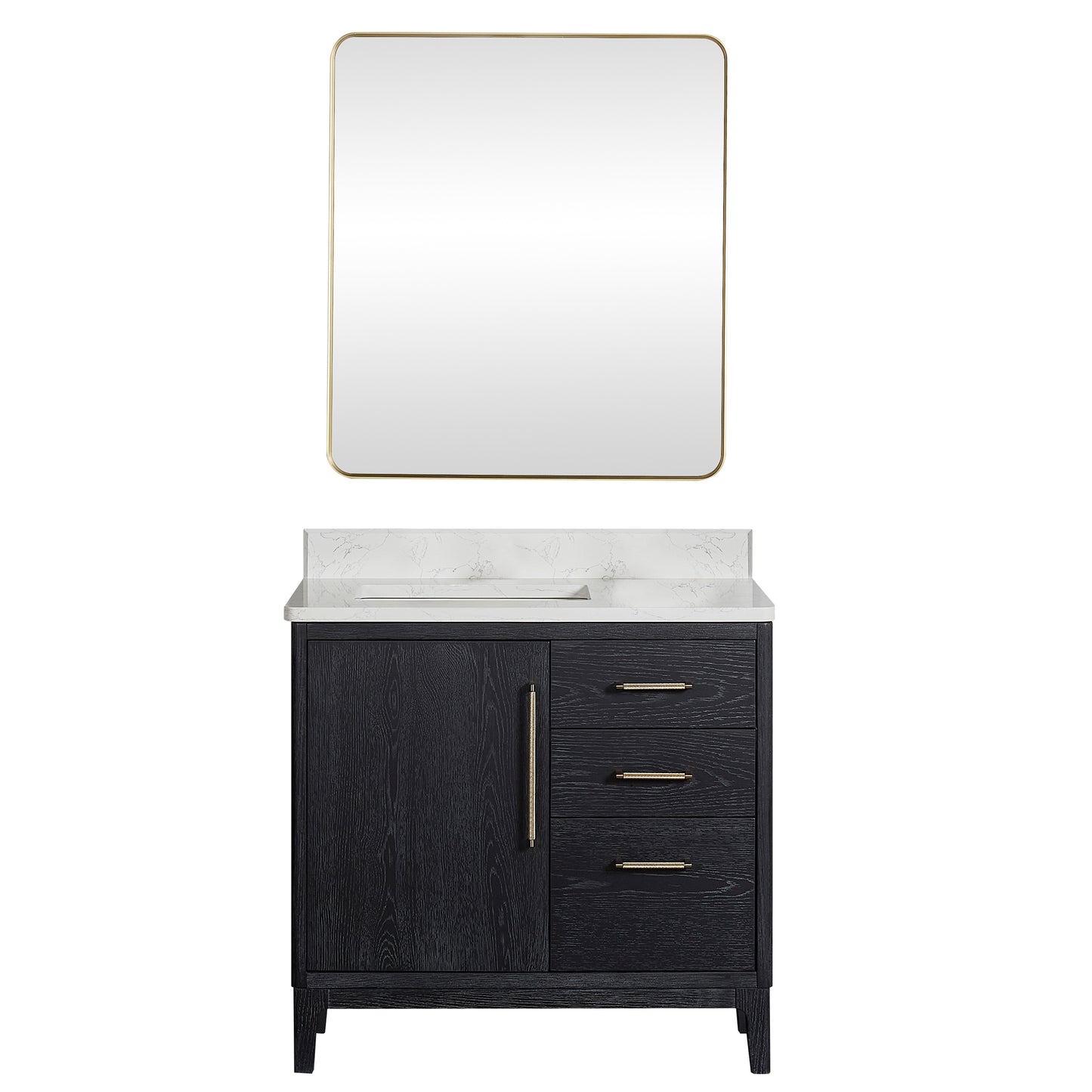 Vinnova, Gara 36" Free-standing Single Bath Vanity in Fir Wood Black with White Grain Composite Stone Top and Mirror