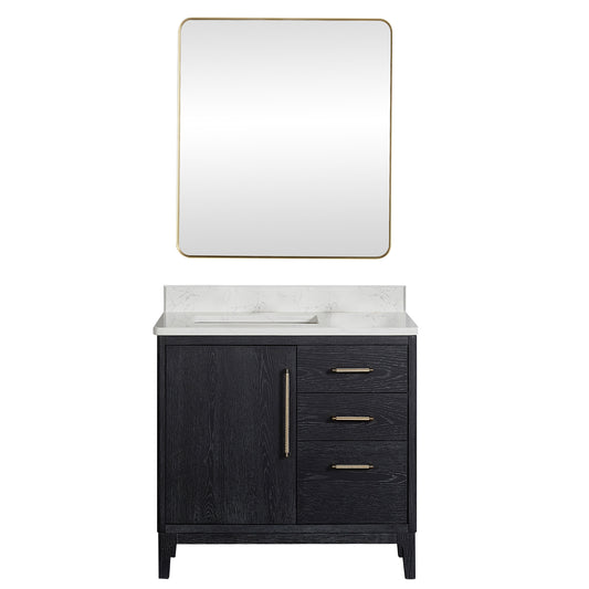 Vinnova, Gara 36" Free-standing Single Bath Vanity in Fir Wood Black with White Grain Composite Stone Top and Mirror