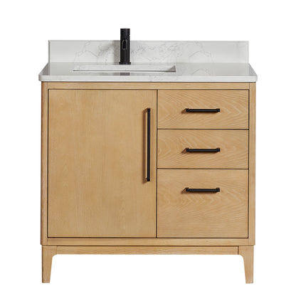 Vinnova, Gara 36" Free-standing Single Bath Vanity in Washed Ash Grey with White Grain Composite Stone Top