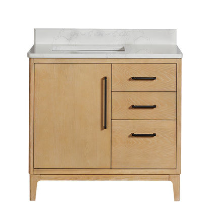 Vinnova, Gara 36" Free-standing Single Bath Vanity in Washed Ash Grey with White Grain Composite Stone Top