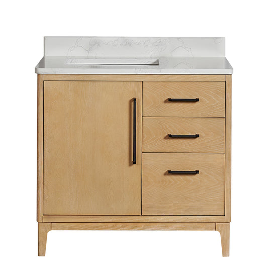 Vinnova, Gara 36" Free-standing Single Bath Vanity in Washed Ash Grey with White Grain Composite Stone Top