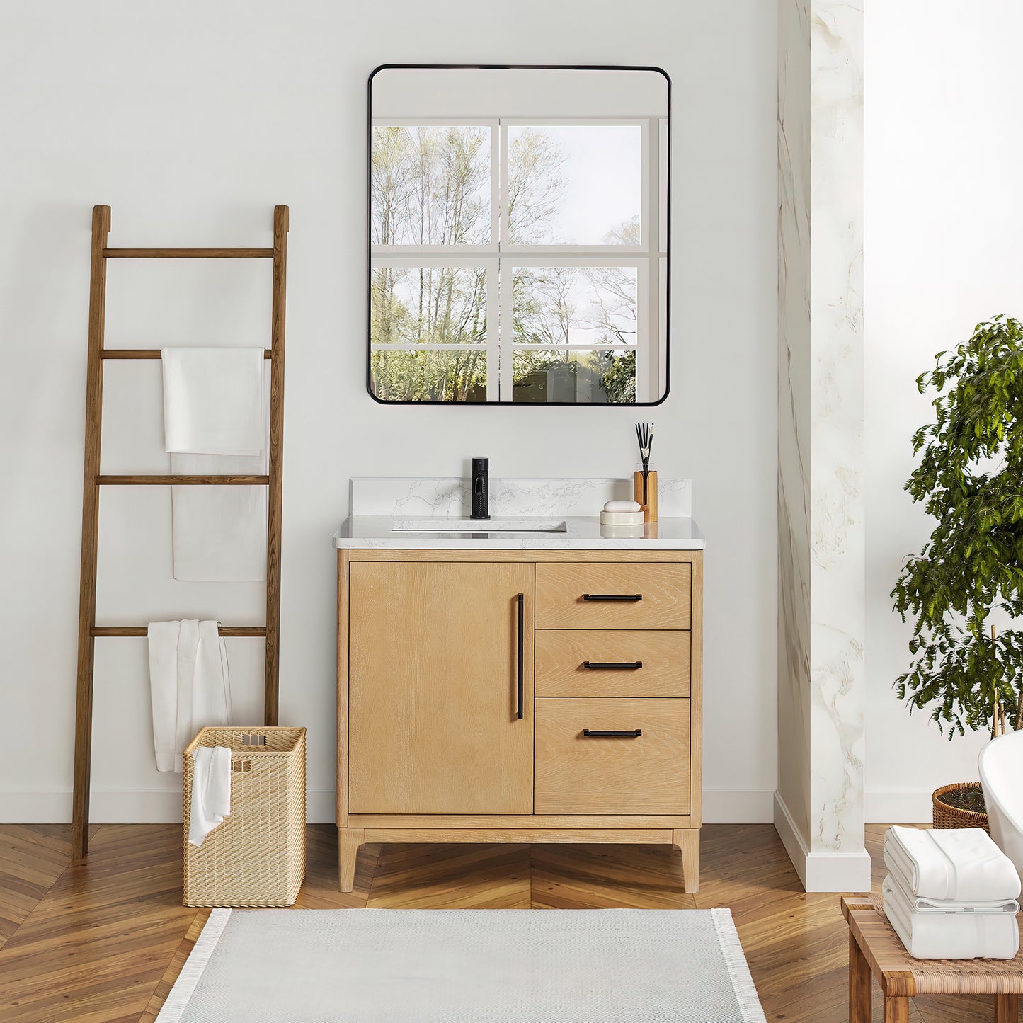 Vinnova, Gara 36" Free-standing Single Bath Vanity in Washed Ash Grey with White Grain Composite Stone Top