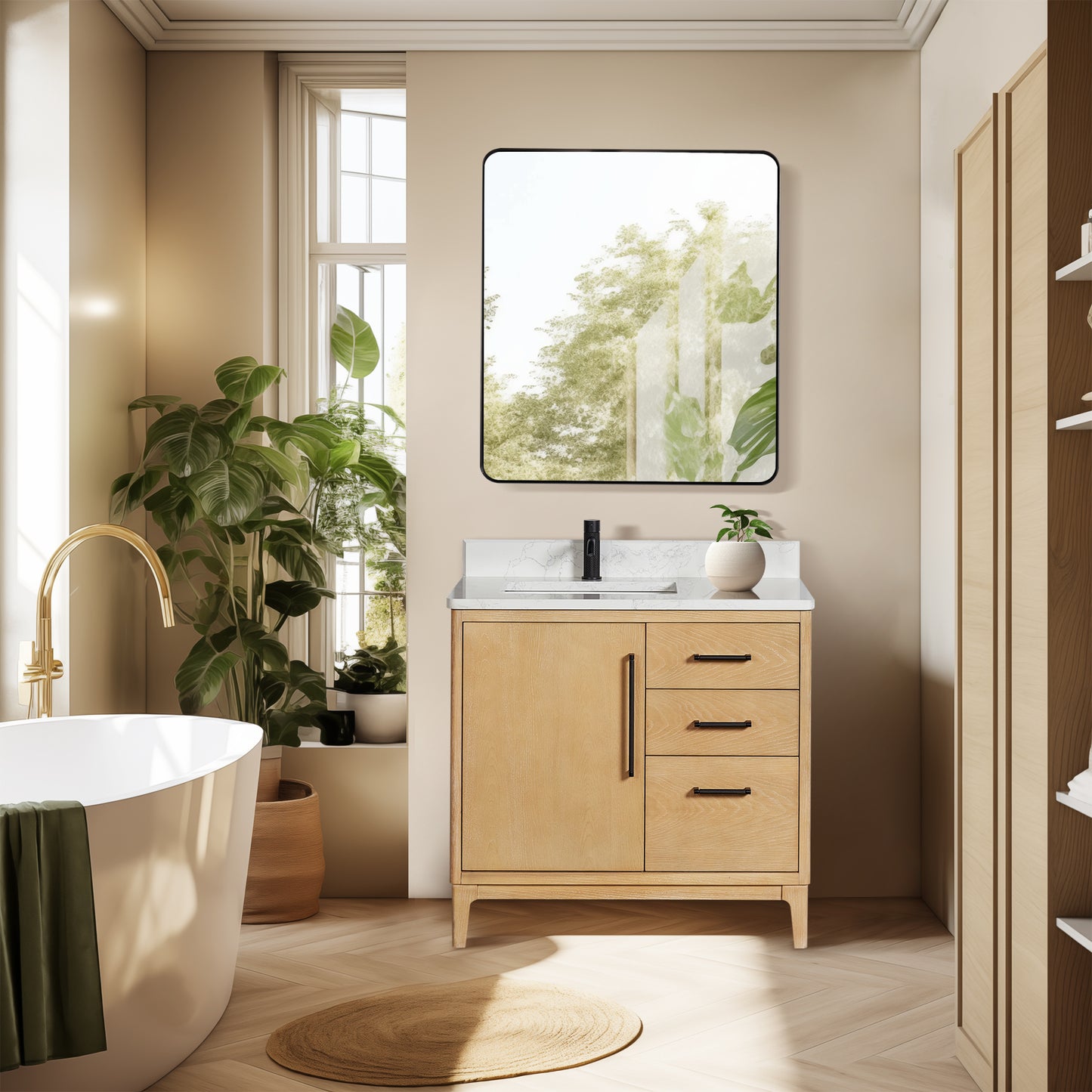 Vinnova, Gara 36" Free-standing Single Bath Vanity in Washed Ash Grey with White Grain Composite Stone Top and Mirror