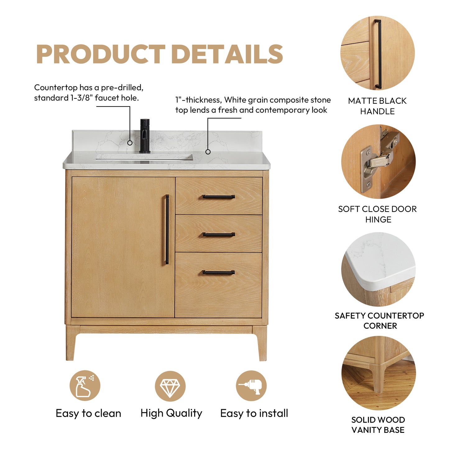 Vinnova, Gara 36" Free-standing Single Bath Vanity in Washed Ash Grey with White Grain Composite Stone Top and Mirror