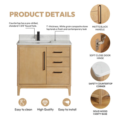 Vinnova, Gara 36" Free-standing Single Bath Vanity in Washed Ash Grey with White Grain Composite Stone Top and Mirror