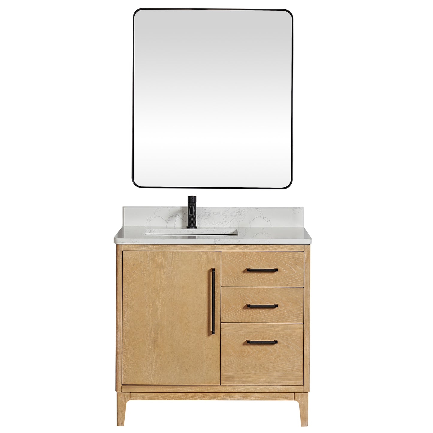 Vinnova, Gara 36" Free-standing Single Bath Vanity in Washed Ash Grey with White Grain Composite Stone Top and Mirror