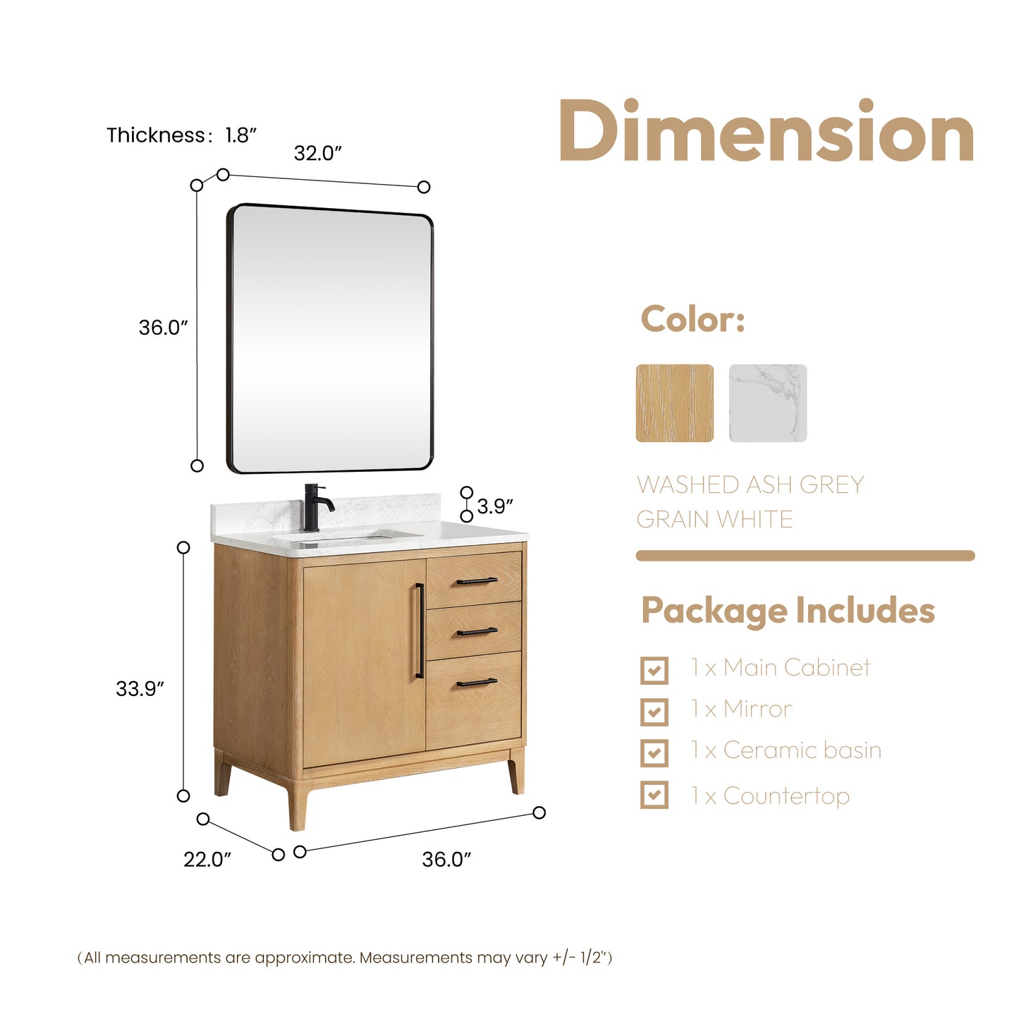 Vinnova, Gara 36" Free-standing Single Bath Vanity in Washed Ash Grey with White Grain Composite Stone Top and Mirror