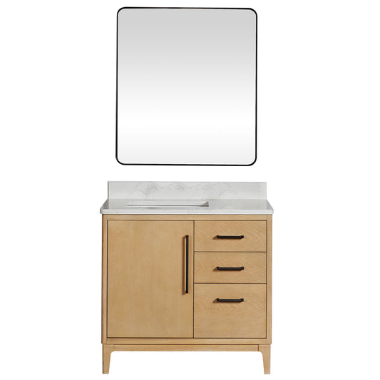 Vinnova, Gara 36" Free-standing Single Bath Vanity in Washed Ash Grey with White Grain Composite Stone Top and Mirror