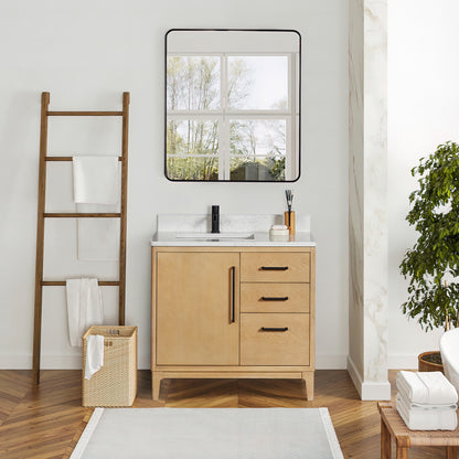 Vinnova, Gara 36" Free-standing Single Bath Vanity in Washed Ash Grey with White Grain Composite Stone Top and Mirror