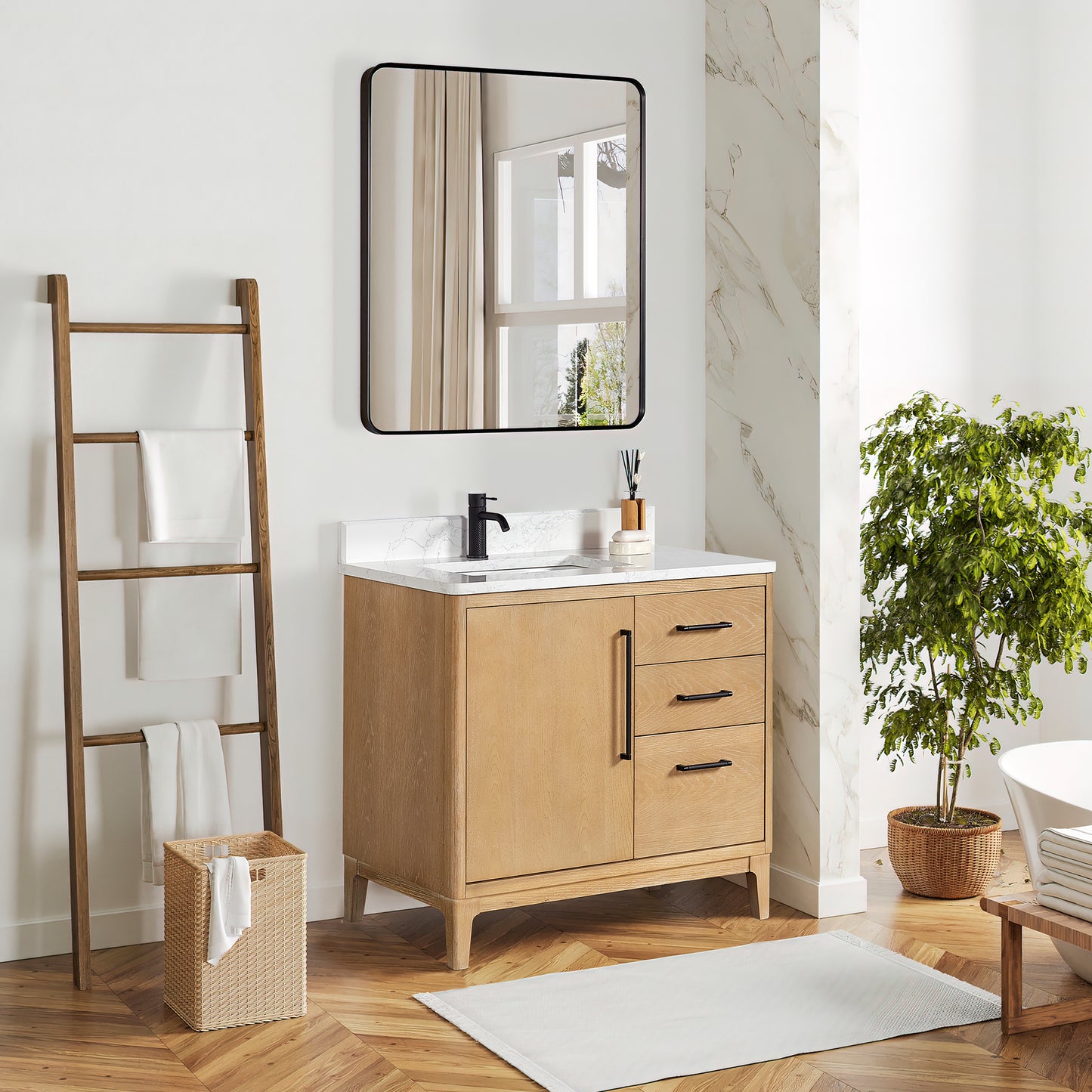 Vinnova, Gara 36" Free-standing Single Bath Vanity in Washed Ash Grey with White Grain Composite Stone Top and Mirror