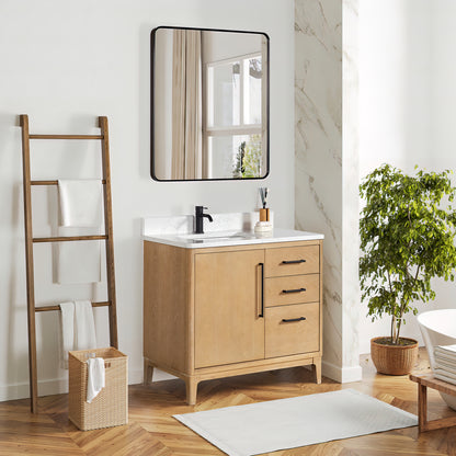 Vinnova, Gara 36" Free-standing Single Bath Vanity in Washed Ash Grey with White Grain Composite Stone Top and Mirror