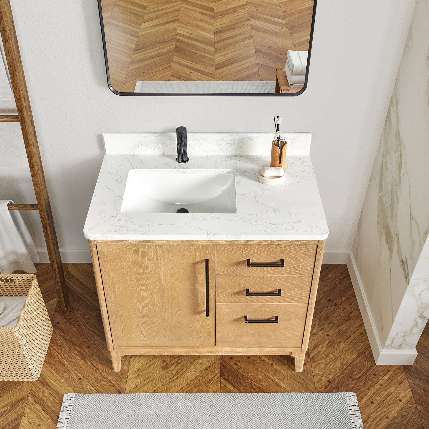 Vinnova, Gara 36" Free-standing Single Bath Vanity in Washed Ash Grey with White Grain Composite Stone Top and Mirror