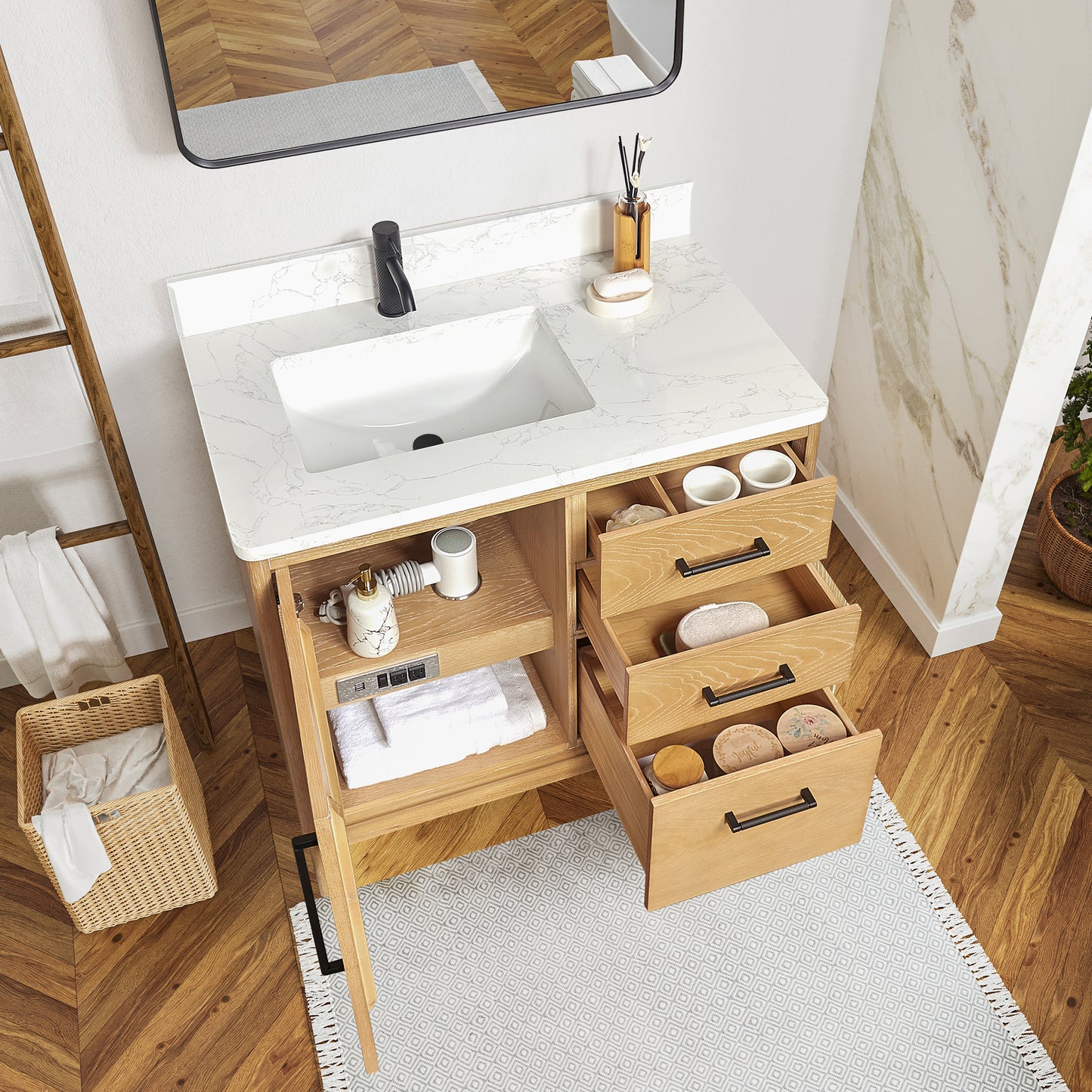 Vinnova, Gara 36" Free-standing Single Bath Vanity in Washed Ash Grey with White Grain Composite Stone Top and Mirror