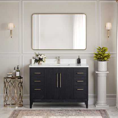 Vinnova, Gara 48" Free-standing Single Bath Vanity in Fir Wood Black with White Grain Composite Stone Top