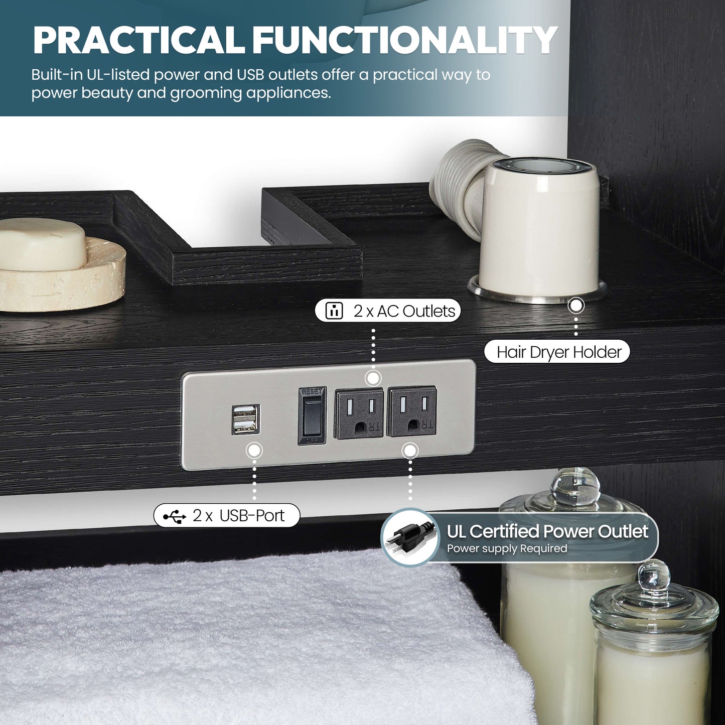 Vinnova, Gara 48" Free-standing Single Bath Vanity in Fir Wood Black with White Grain Composite Stone Top