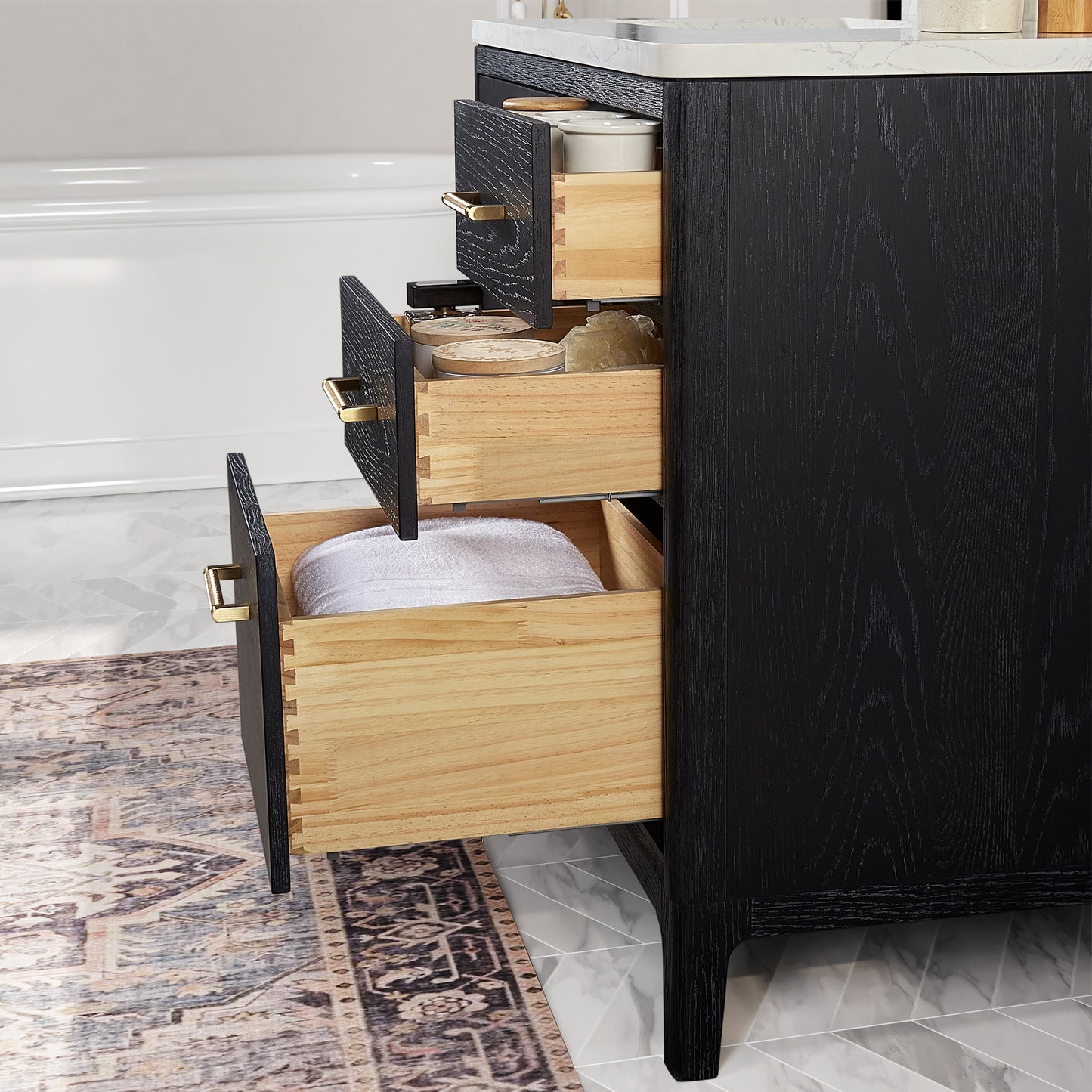 Vinnova, Gara 48" Free-standing Single Bath Vanity in Fir Wood Black with White Grain Composite Stone Top