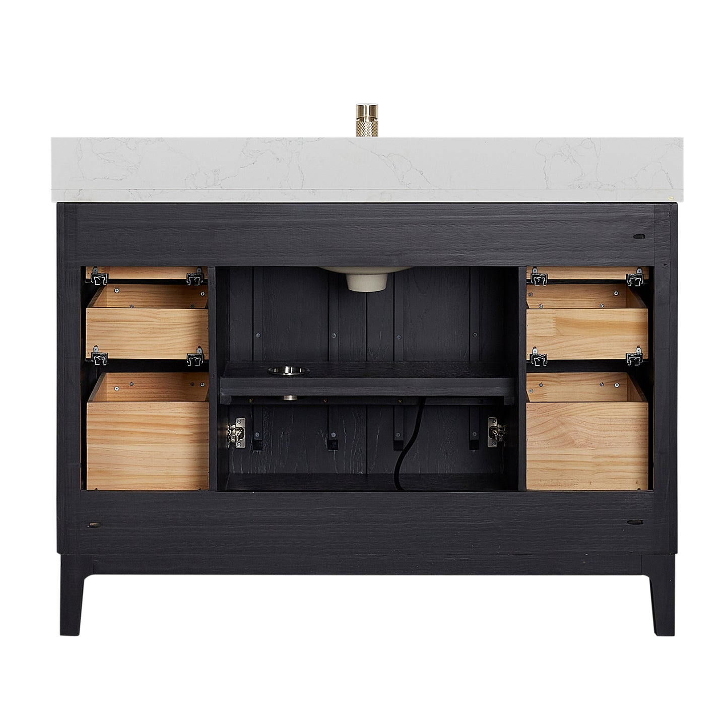 Vinnova, Gara 48" Free-standing Single Bath Vanity in Fir Wood Black with White Grain Composite Stone Top