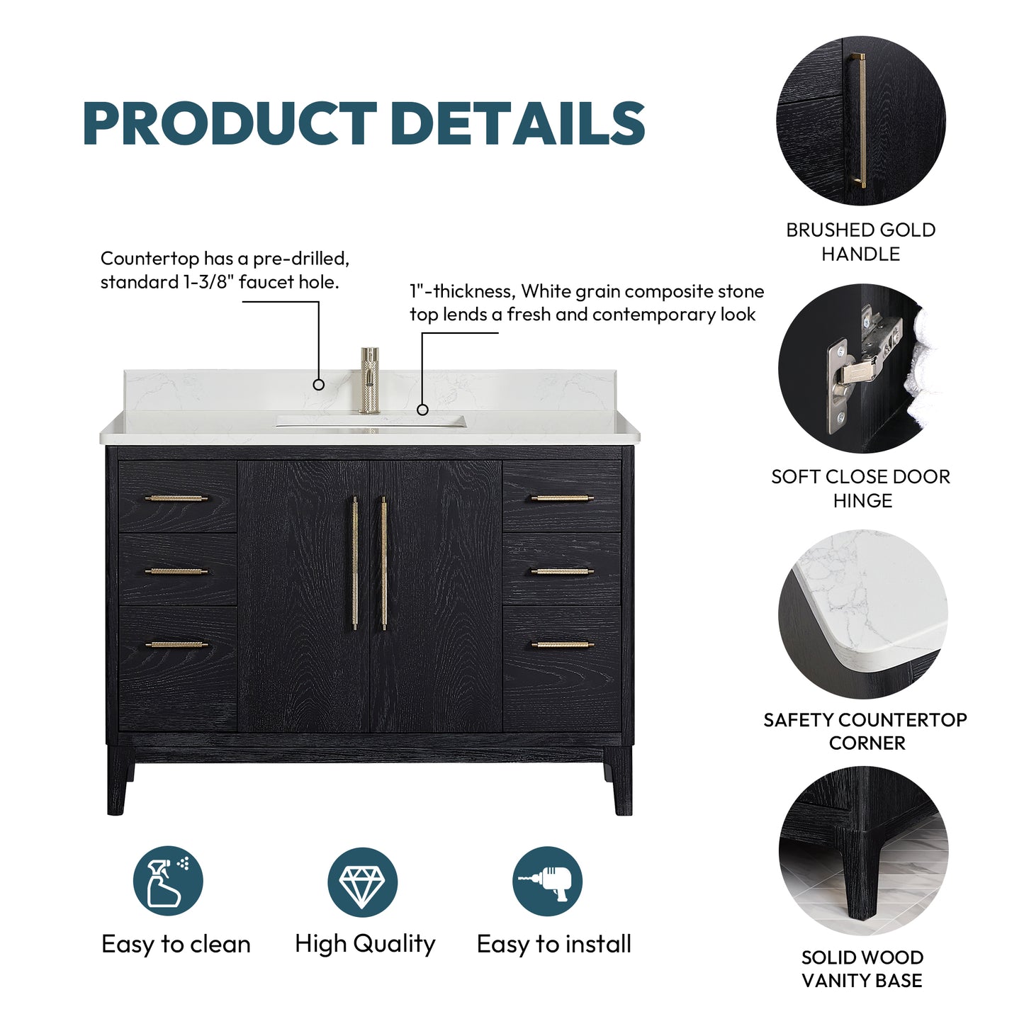Vinnova, Gara 48" Free-standing Single Bath Vanity in Fir Wood Black with White Grain Composite Stone Top