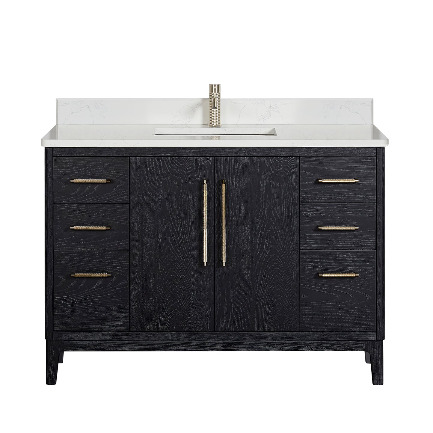 Vinnova, Gara 48" Free-standing Single Bath Vanity in Fir Wood Black with White Grain Composite Stone Top