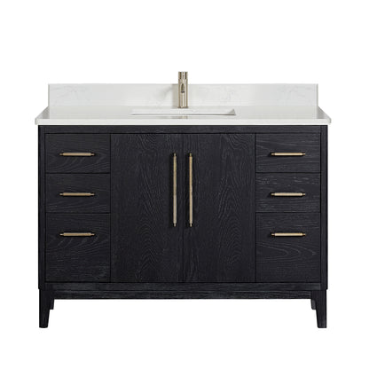 Vinnova, Gara 48" Free-standing Single Bath Vanity in Fir Wood Black with White Grain Composite Stone Top