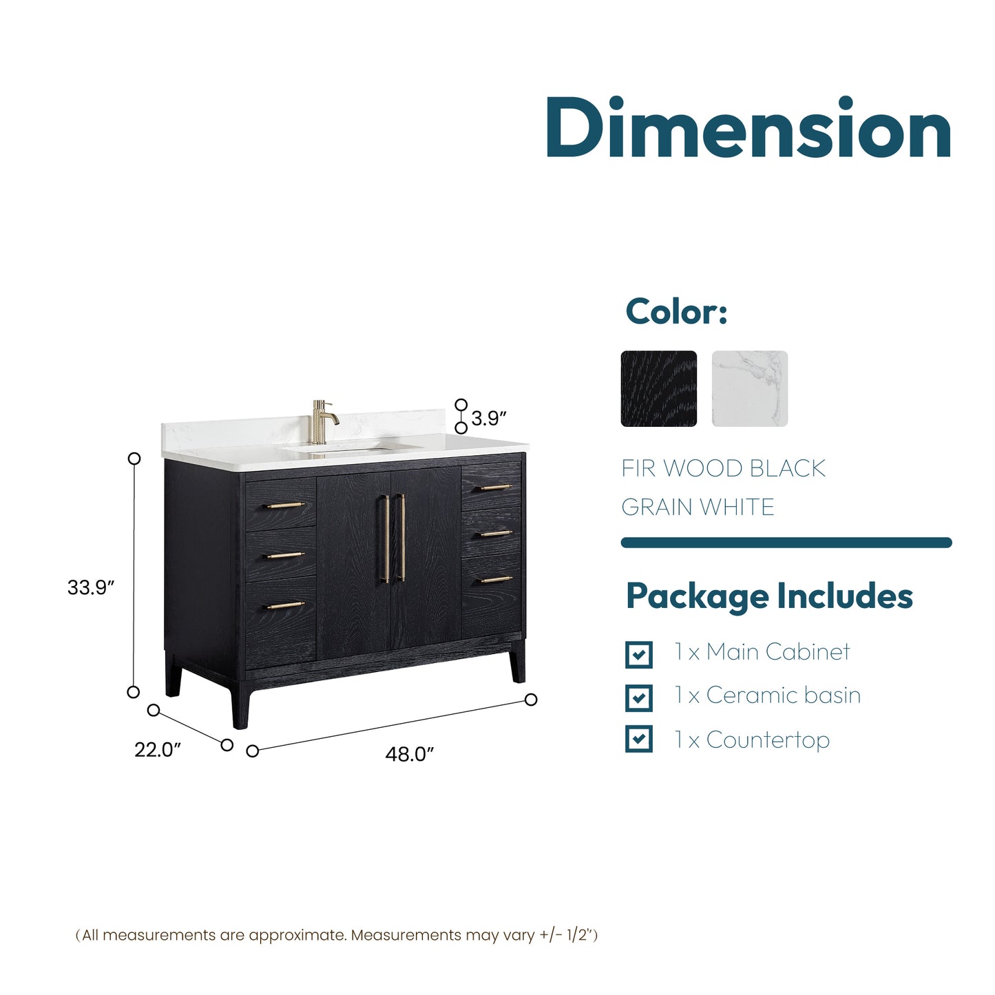 Vinnova, Gara 48" Free-standing Single Bath Vanity in Fir Wood Black with White Grain Composite Stone Top