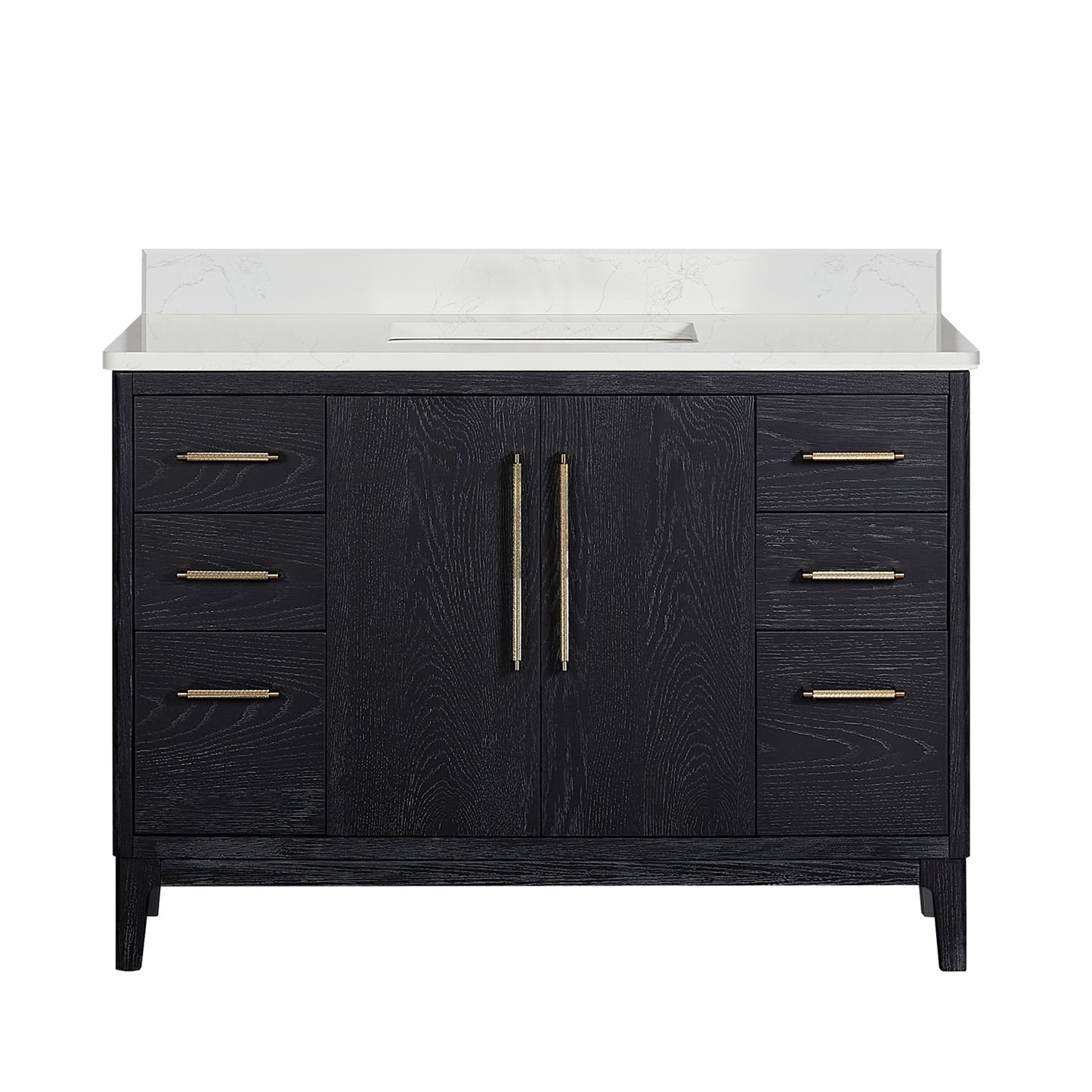 Vinnova, Gara 48" Free-standing Single Bath Vanity in Fir Wood Black with White Grain Composite Stone Top