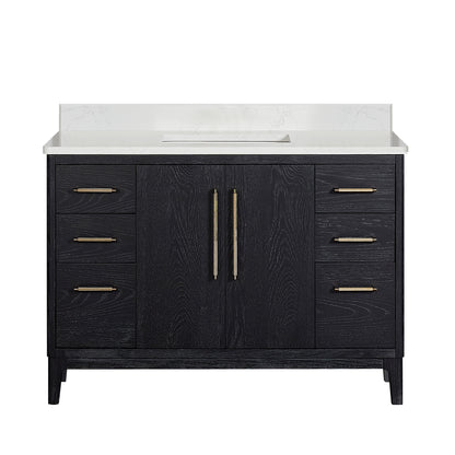 Vinnova, Gara 48" Free-standing Single Bath Vanity in Fir Wood Black with White Grain Composite Stone Top