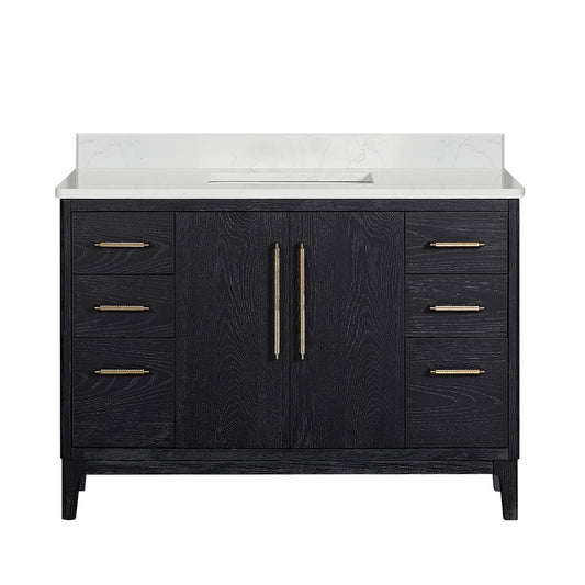 Vinnova, Gara 48" Free-standing Single Bath Vanity in Fir Wood Black with White Grain Composite Stone Top
